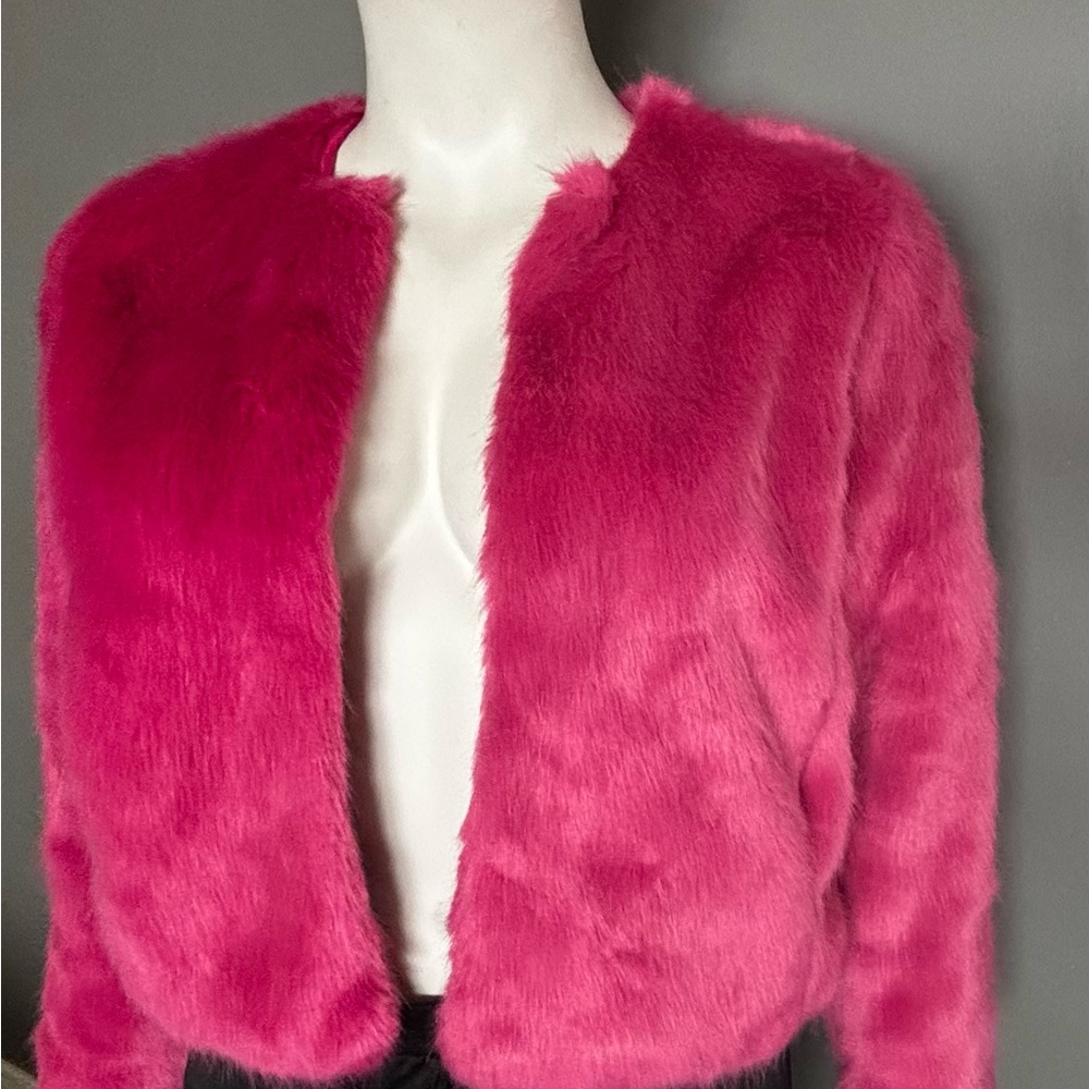 Fuchsia Pink Fuzzy Faux Fur Jacket, Plus Size 16/18
